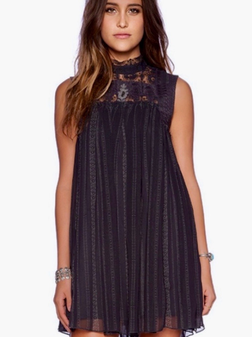 Free People Black Lace-Yoke Sleeveless Mini Dress